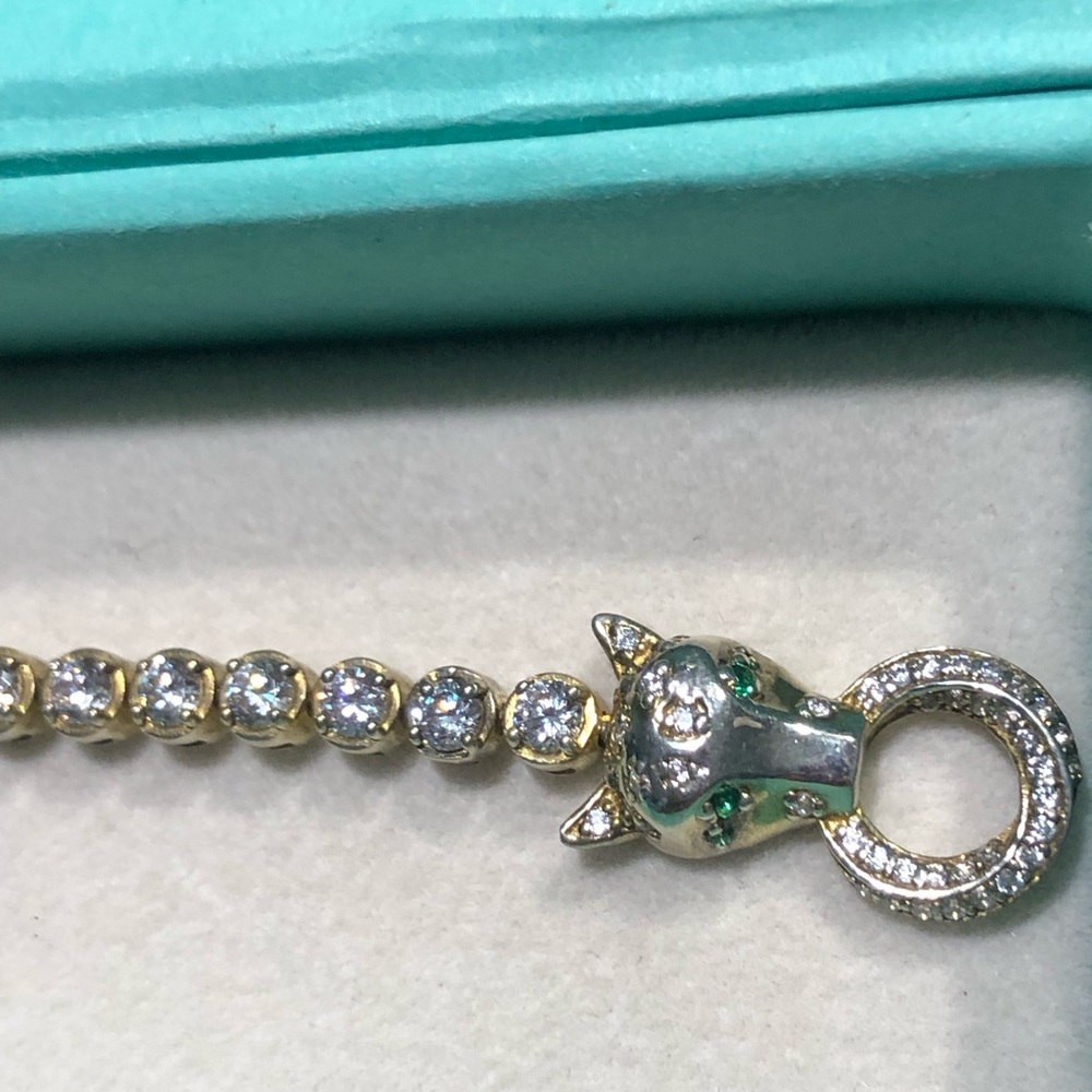 Platinum and Silver Panther Tennis Bracelet with Emerald Green Eyes